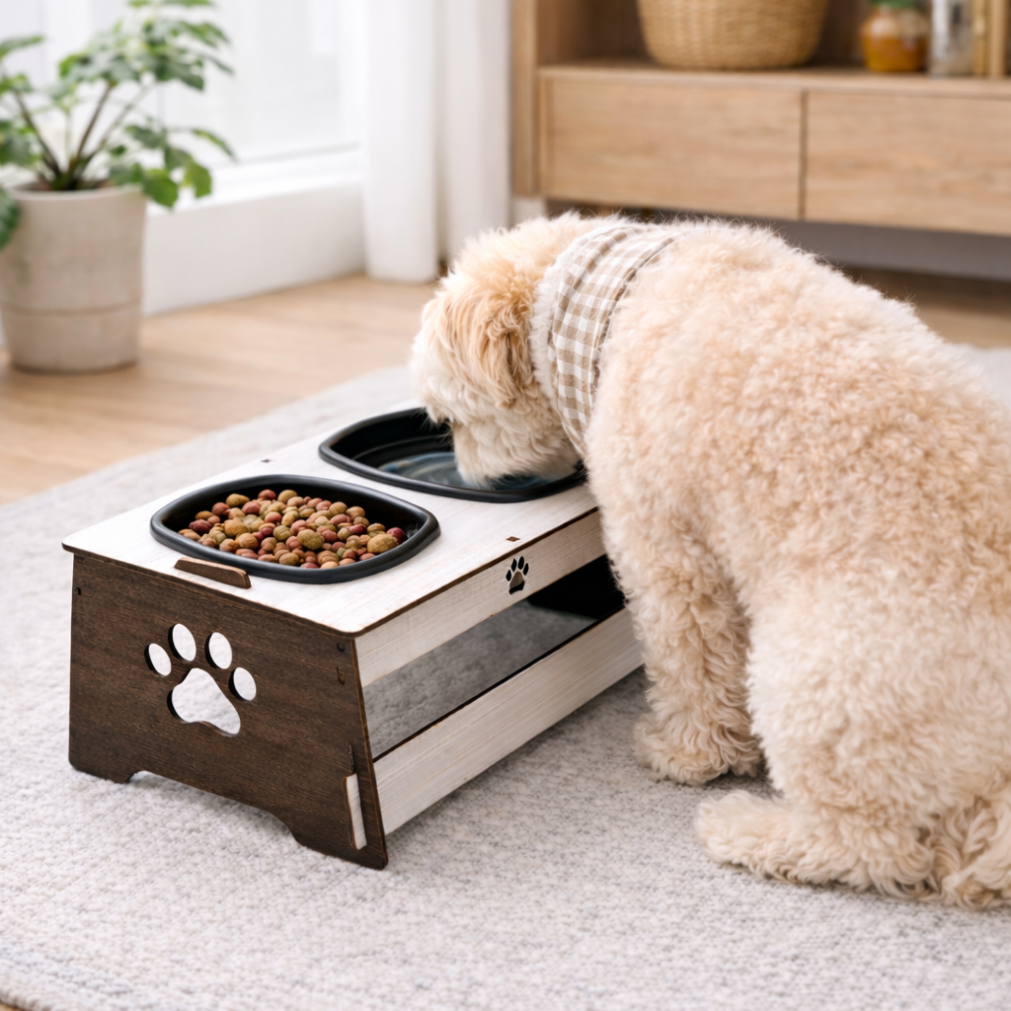 Comedouro e suporte para pet em MDF — acessórios para cães e gatos da Fábrica Girola