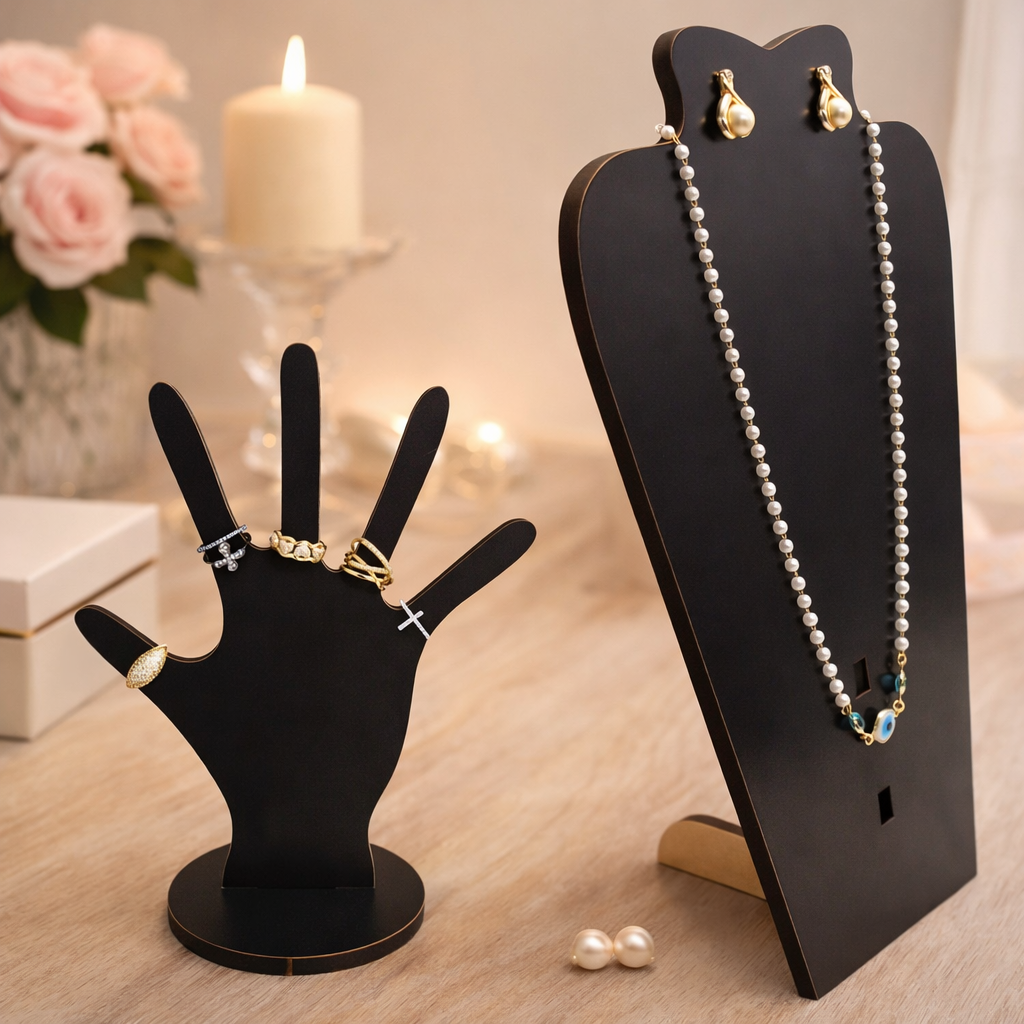 Kit porta joias em MDF preto — expositor organizador de colares anéis e bijuterias